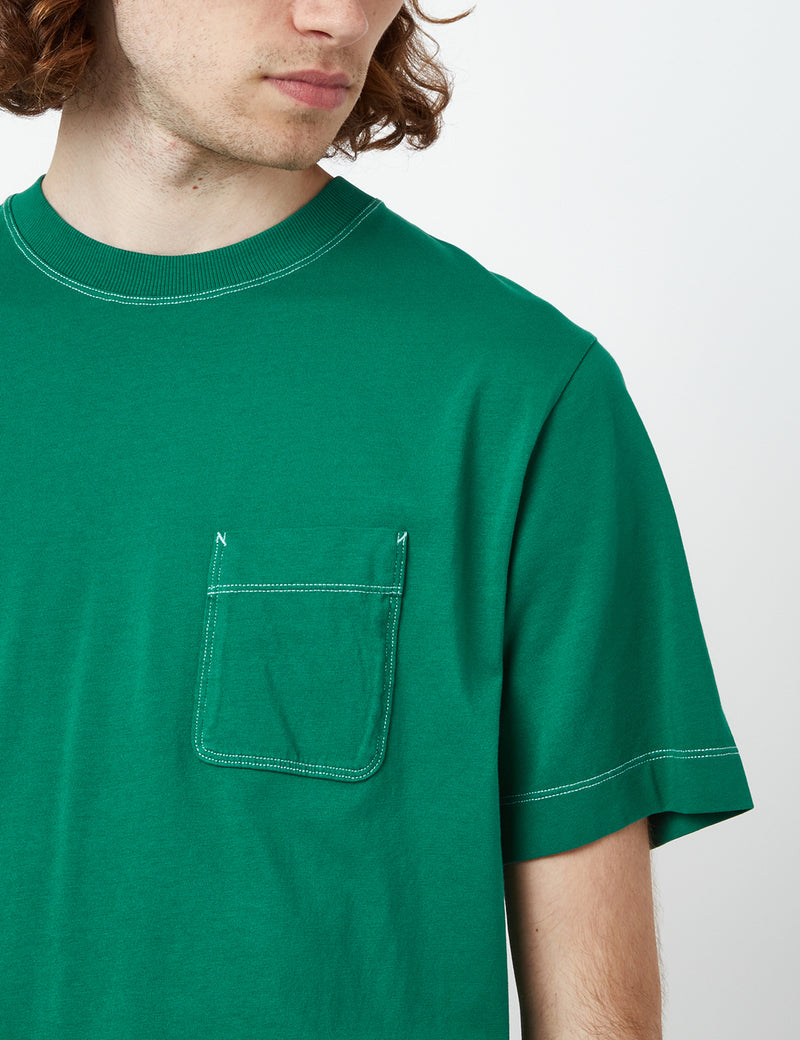 Bhode Contrast Stitch Pocket T-Shirt (Organic) - Pine Green