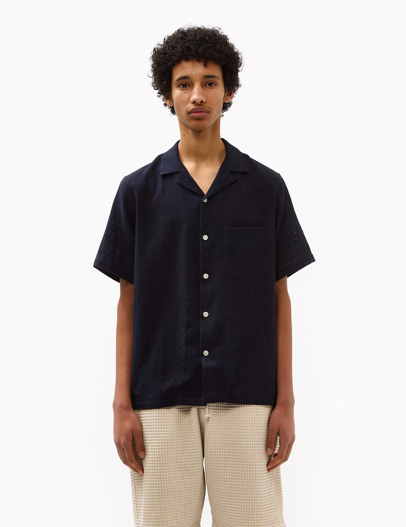 Portuguese Flannel Grain Cotton Short Sleeve Shirt - Navy Blue