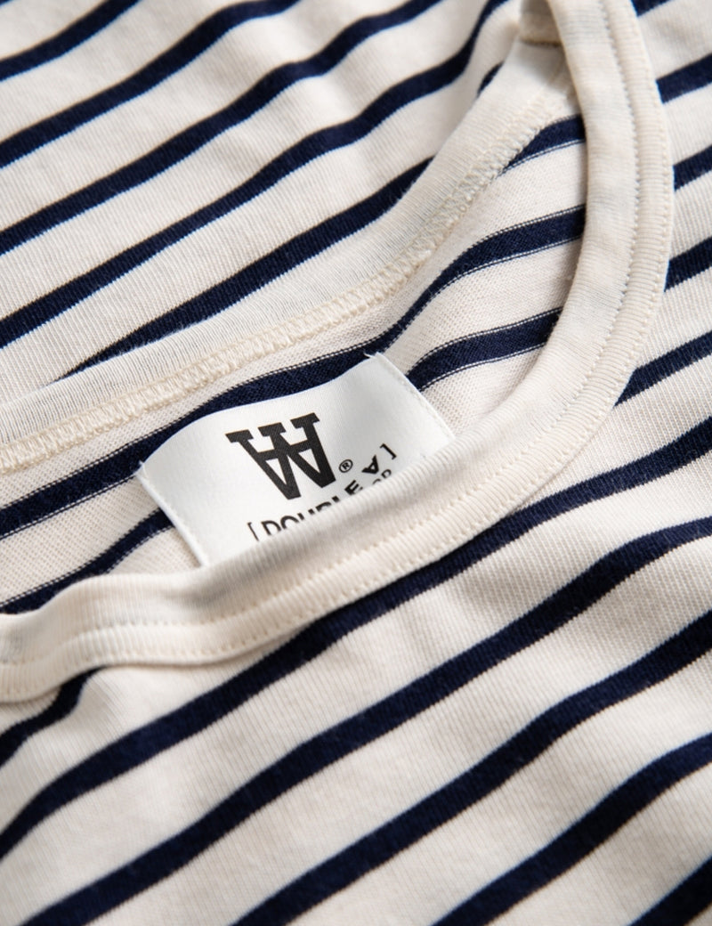 Wood Wood Mel Stripe Long Sleeved T-Shirt - Off-White/Navy Stripes