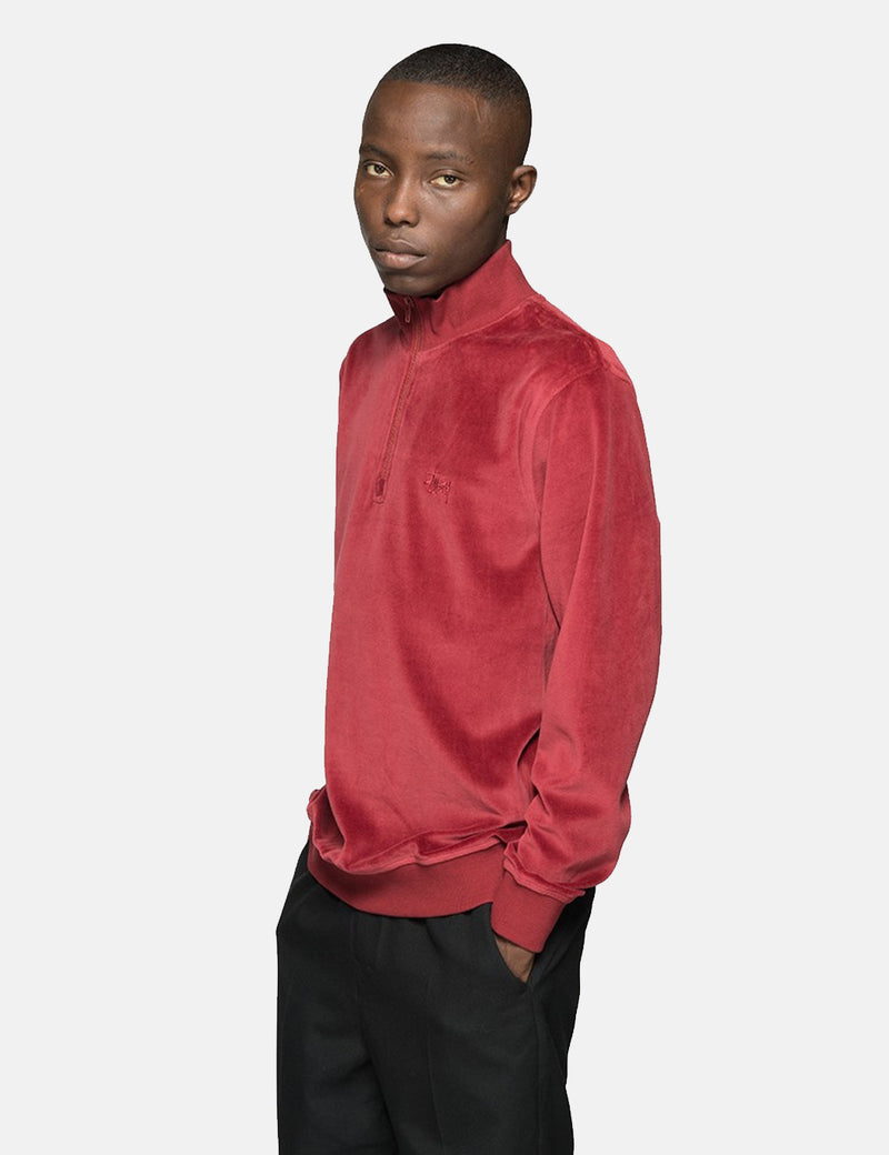 Stussy Velour Long Sleeve Zip Sweatshirt - Maroon | URBAN EXCESS