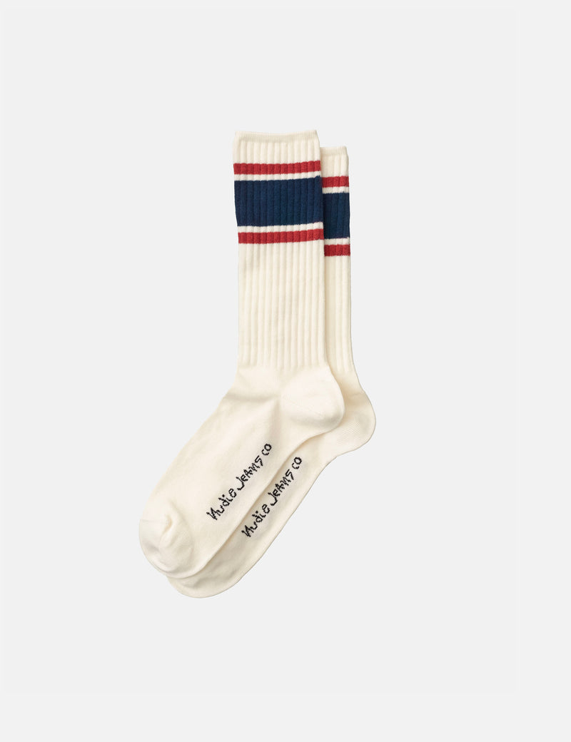 Nudie Amundsson Sport Socks - Off White/Navy Blue/Red