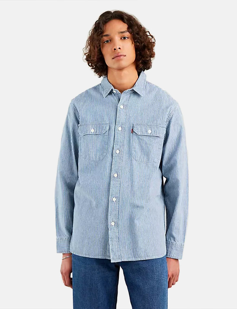 Levis Classic Worker Overshirt (Hickory Stripe) - Rinse Dark Indigo Blue