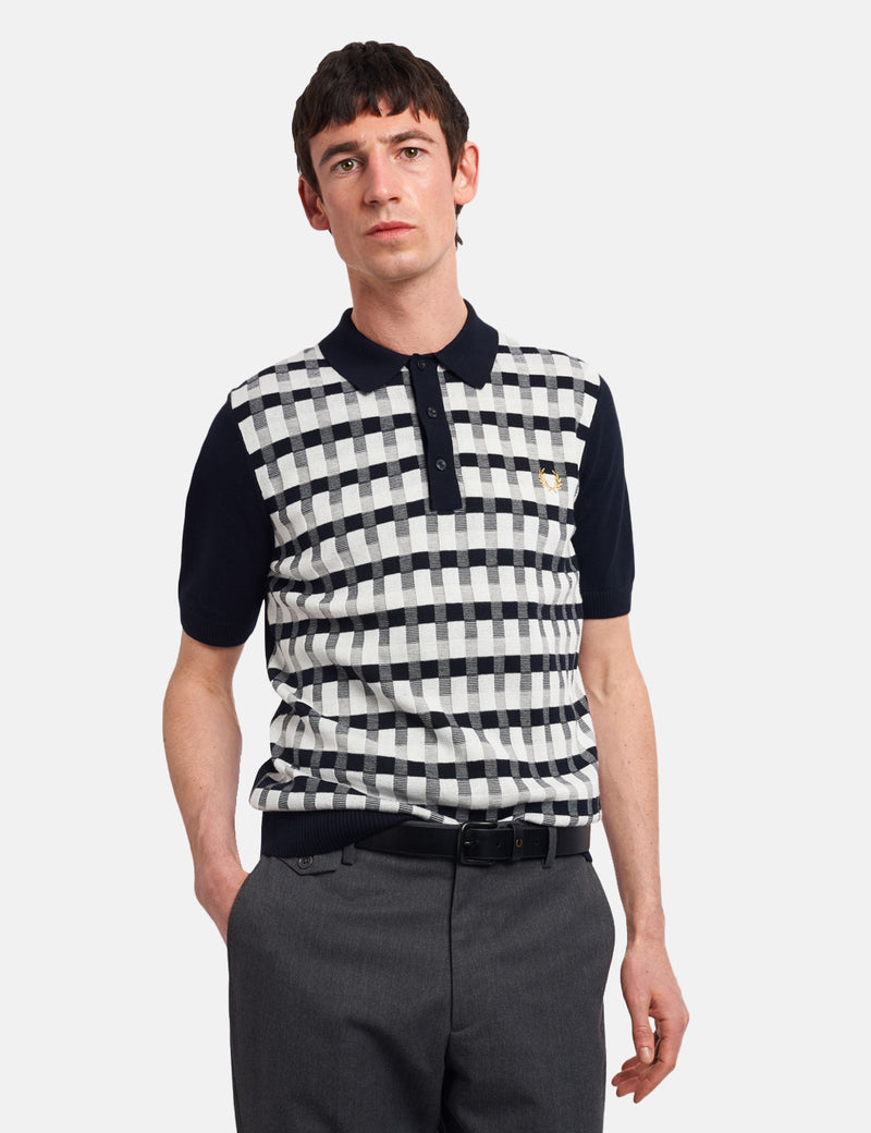 Fred Perry Abstract Check Knitted Shirt - Navy Blue