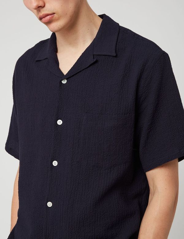 Portuguese Flannel Flamé SS Shirt (Seersucker) - Navy Blue