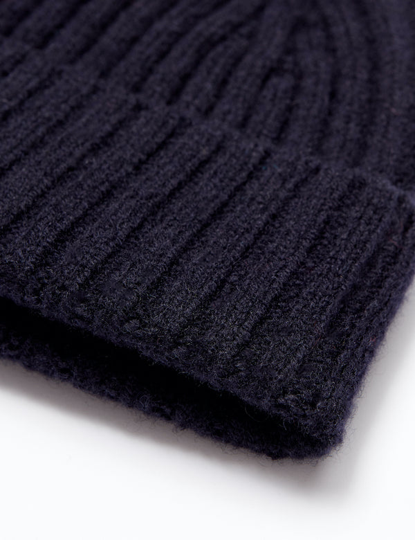 Bhode 2x2 Rib Beanie Hat (Lambswool) - Navy Blue