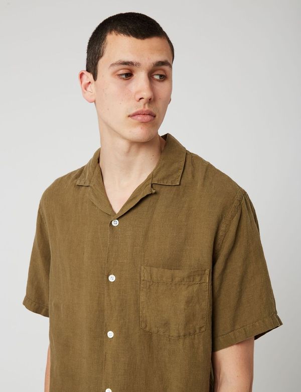 Portuguese Flannel Camp Collar Shirt (Linen) - Olive Green
