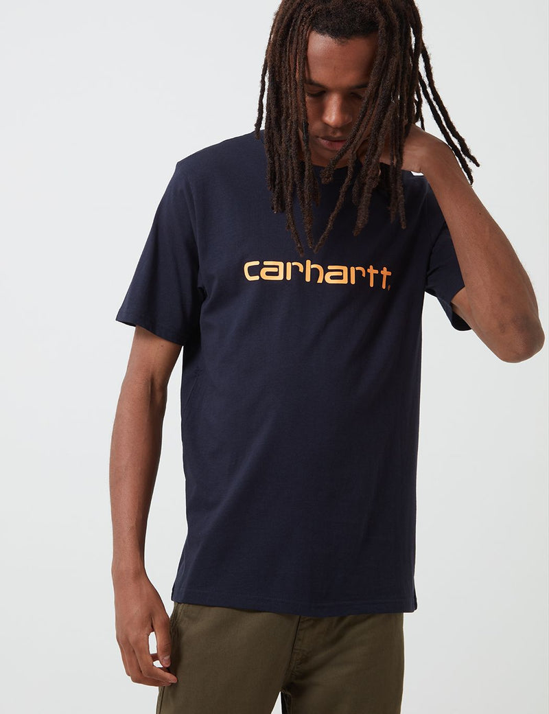 Carhartt-WIP Script T-Shirt - Dark Navy Blue/Pop Orange