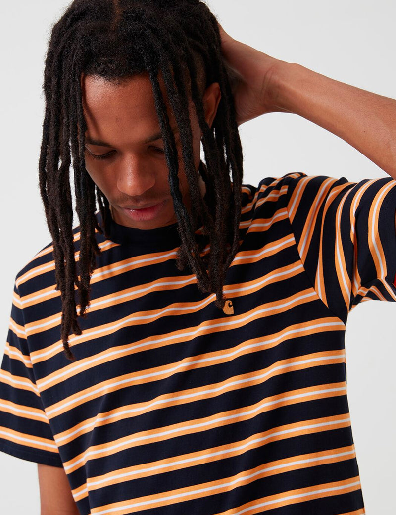 Carhartt-WIP Oakland Stripe T-Shirt - Dark Navy/Pop Orange