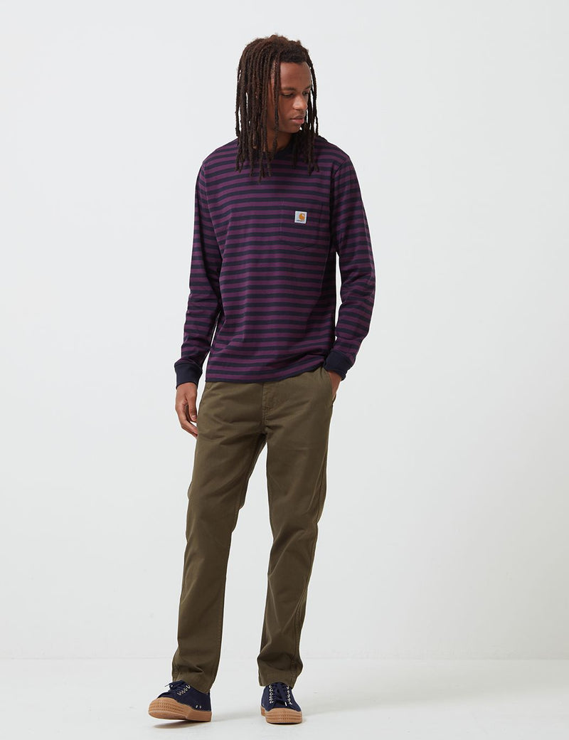 Carhartt-WIP Parker Pocket Long Sleeve T-Shirt (Parker Stripe) - Dark Navy/Boysenberry