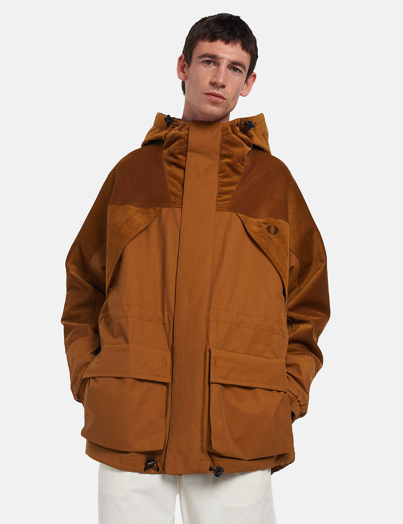 Fred Perry Cord Panel Hooded Jacket - Dark Caramel Brown