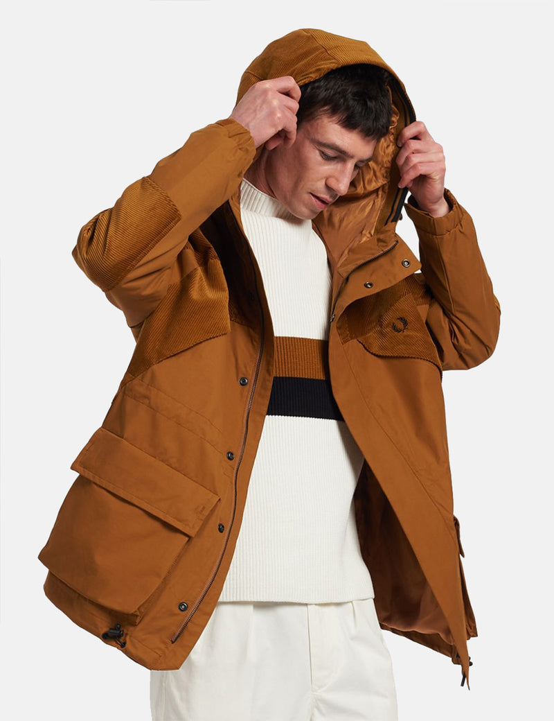 Fred Perry Cord Panel Hooded Jacket - Dark Caramel Brown