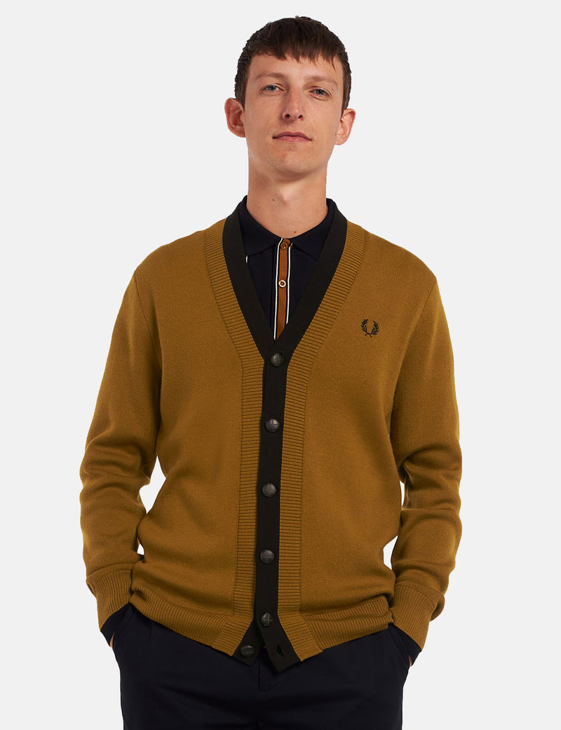 Fred Perry Double Placket Cardigan - Dark Caramel