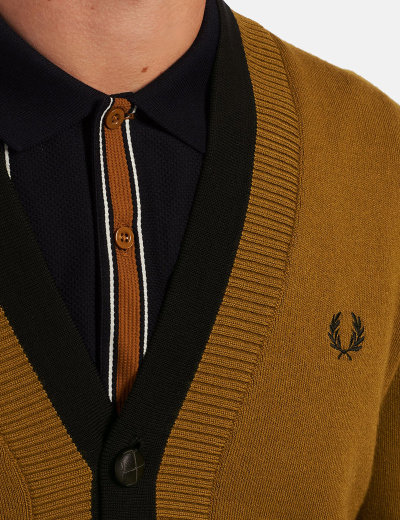 Fred Perry Double Placket Cardigan - Dark Caramel