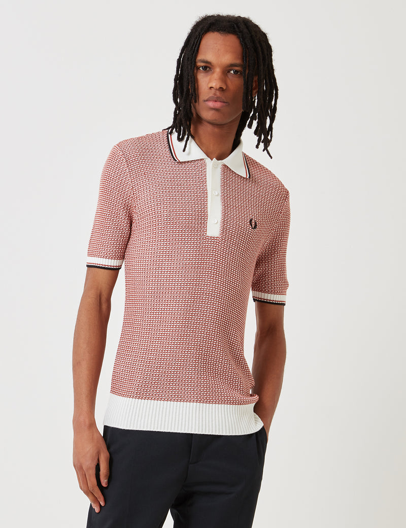 Fred Perry Re-issues Two Colour Texture Knit Shirt - Snow/Paprika