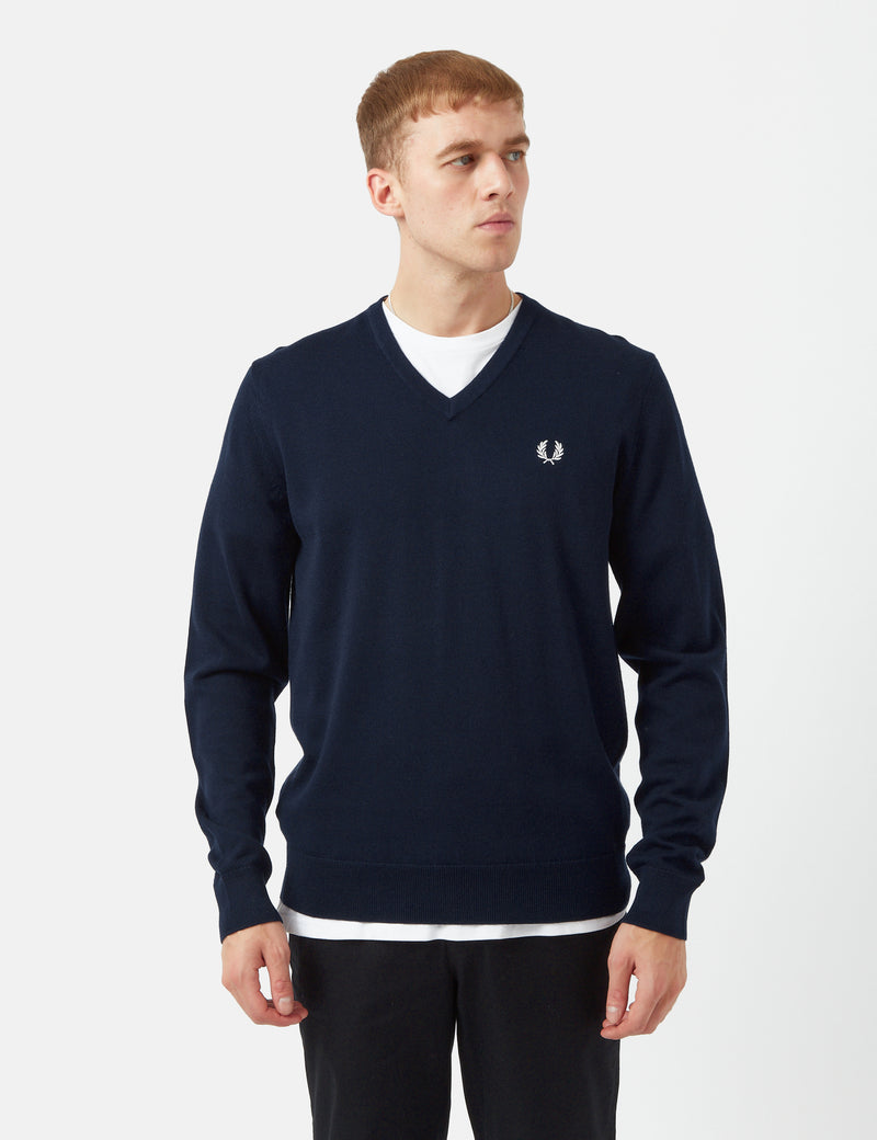 Fred Perry Classic V-Neck Jumper - Navy Blue