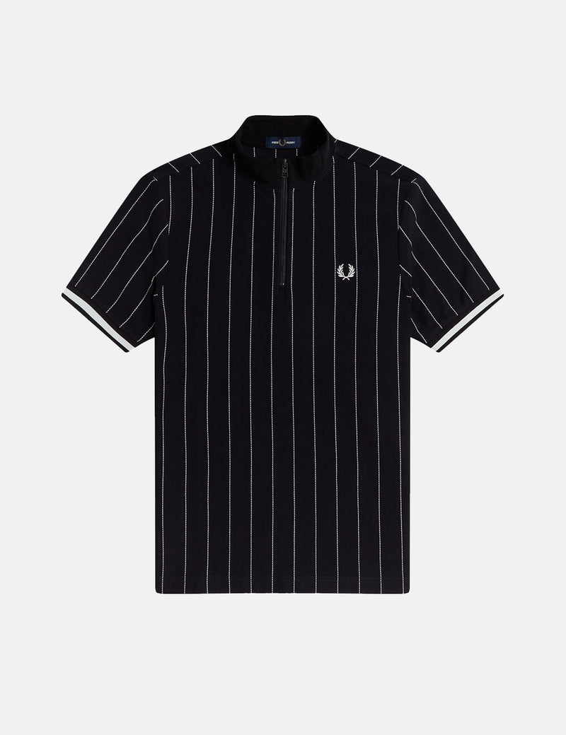 Fred Perry Fine Stripe Funnel Neck Polo Shirt - Navy Blue
