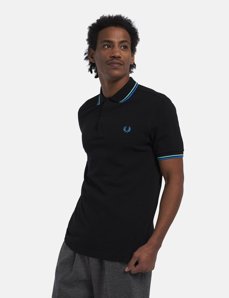 Fred Perry Twin Tipped Polo Shirt - Black/Wasabi/Vintage Sky