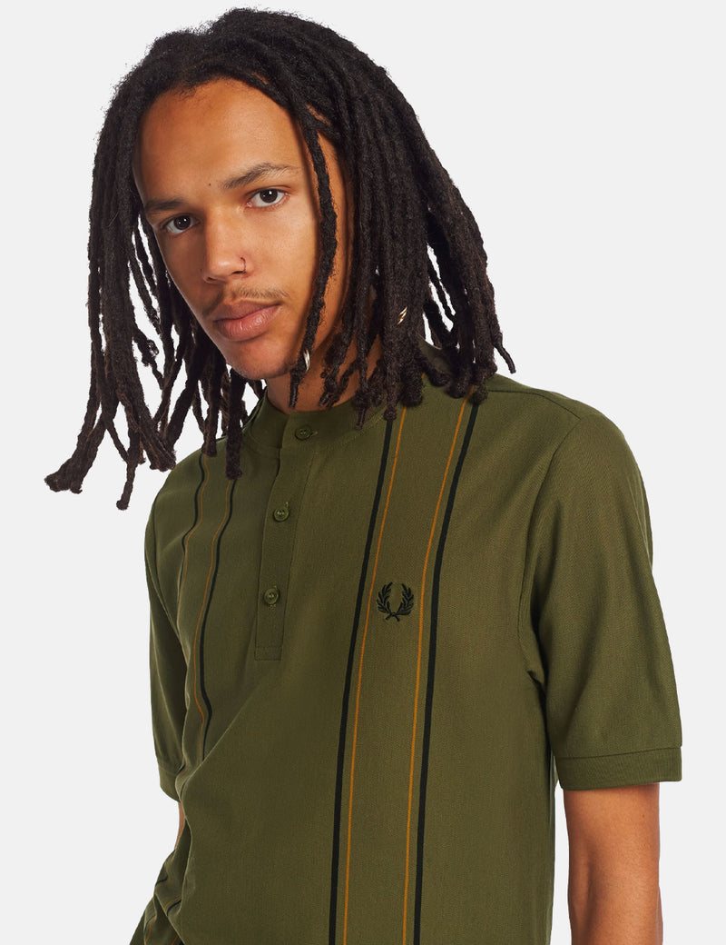 Fred Perry Striped Henley Polo Shirt - Military Green