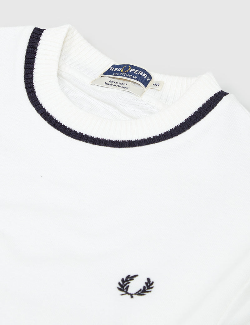 Fred Perry Crew Neck Pique T-Shirt - Snow White/Navy Blue