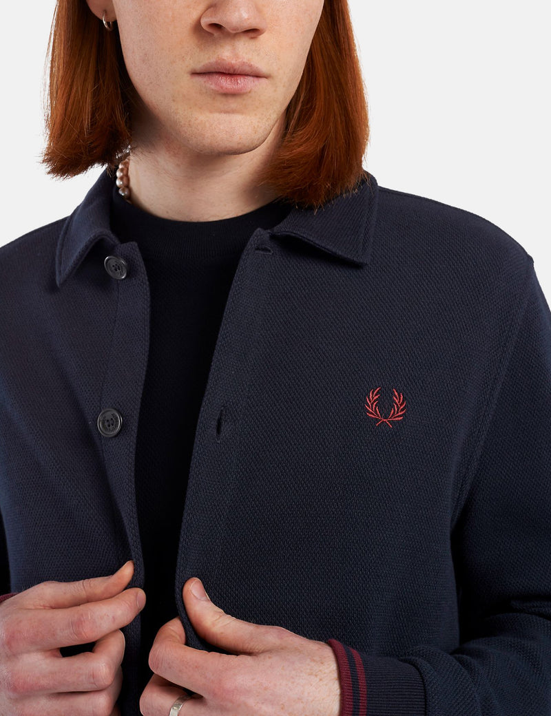 Fred Perry Button Through Pique Overshirt - Navy Blue