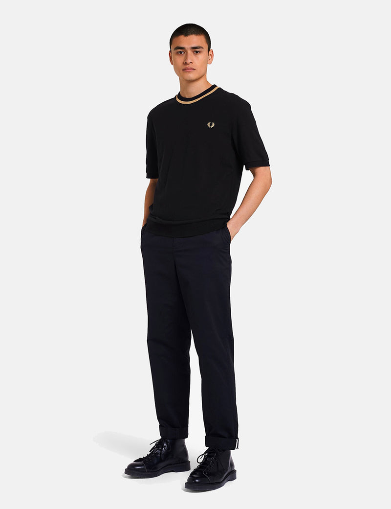 Fred Perry Reissues Crew Neck Pique T-Shirt (Made in England) - Black/Champagne
