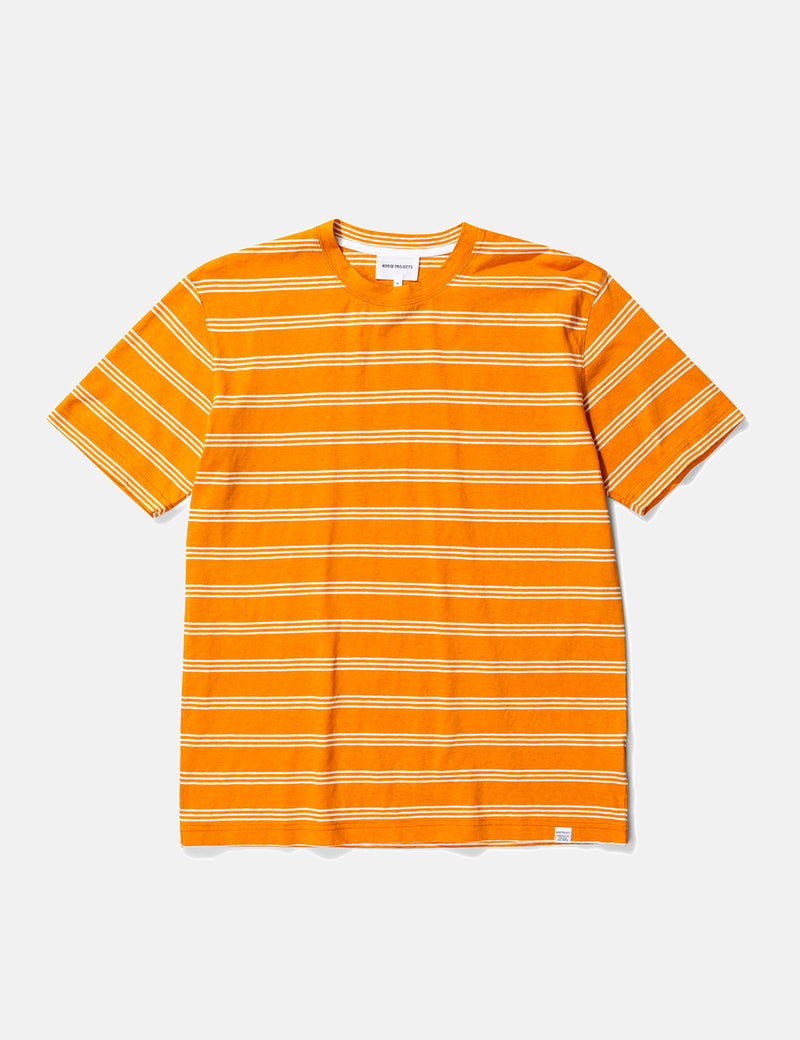 Norse Projects Johannes Cotton Linen Stripe T-Shirt - Cadmium Orange
