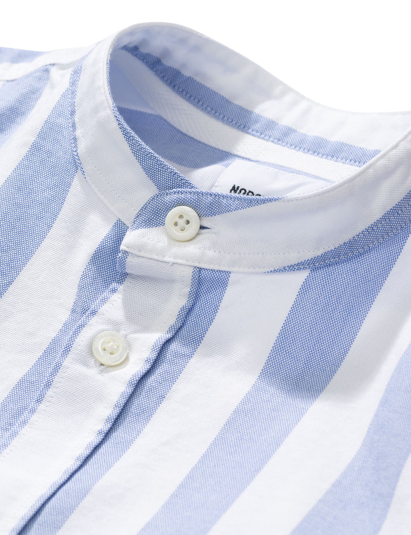 Norse Projects Hans Collarless Wide Stripe Oxford Shirt - Pale Blue