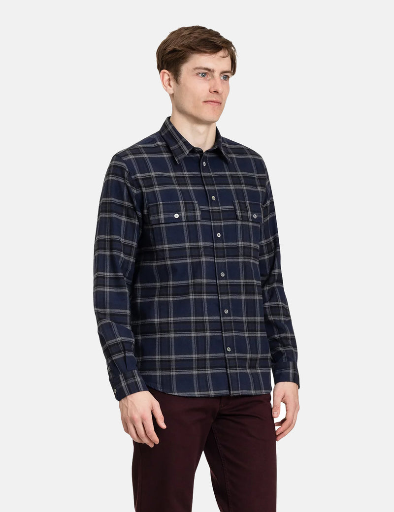 Norse Projects Villads Brushed Flannel Check Shirt - Dark Navy Blue Check