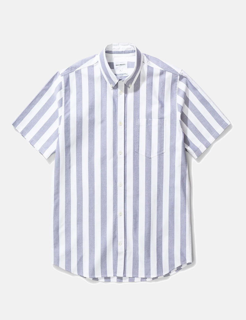 Norse Projects Theo Oxford Short Sleeve Shirt (Wide Stripe) - Navy Blue