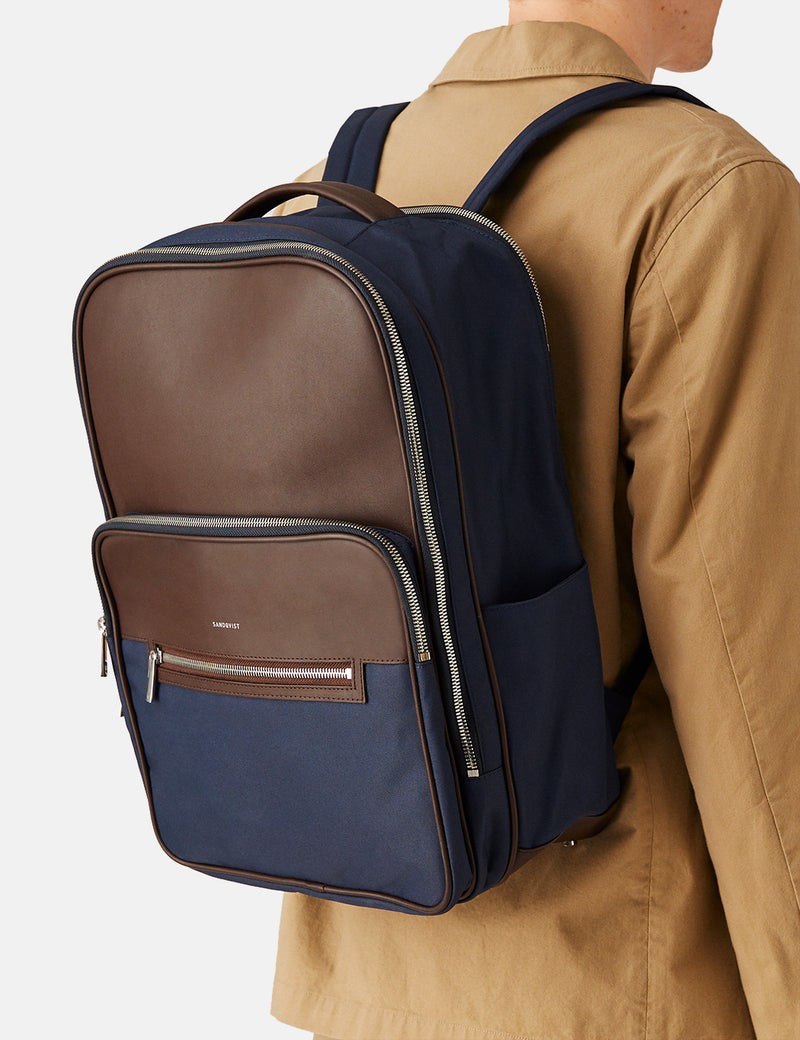 Sandqvist Folke Backpack (Leather/Polyester) - Navy Blue/Brown