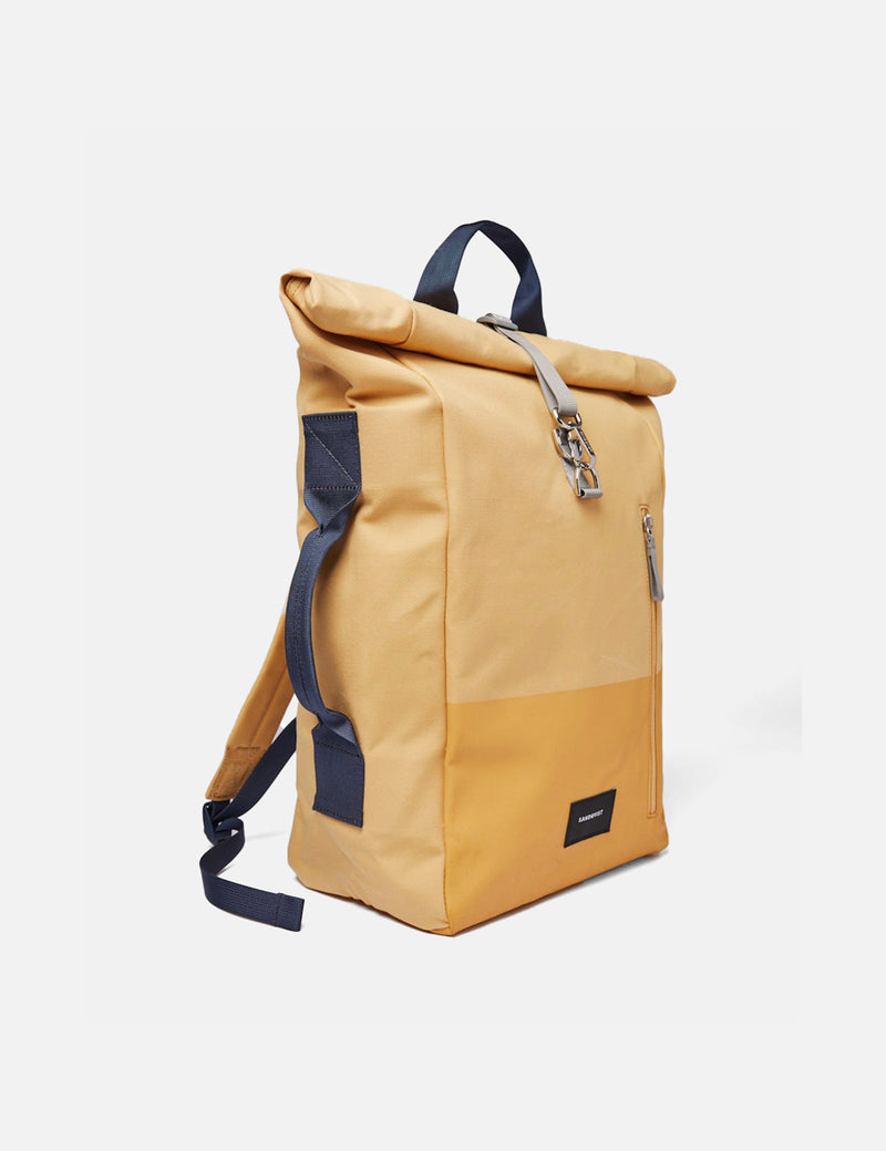 Sandqvist Dante Rolltop Backpack (Vegan) - Yellow Leaf/Navy Blue