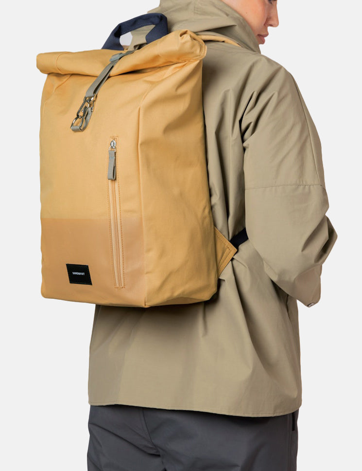 Sandqvist Dante Rolltop Backpack (Vegan) - Yellow Leaf/Navy Blue