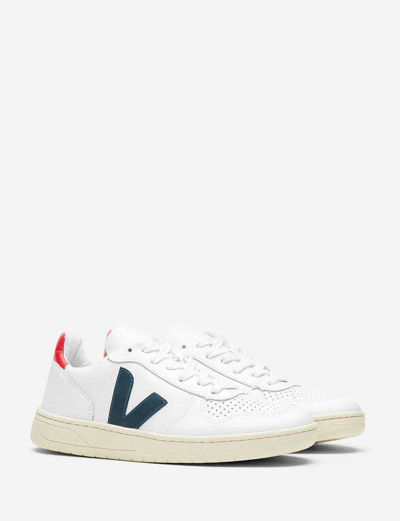 Womens Veja V-10 Leather Trainers - Extra White/Navy/Red