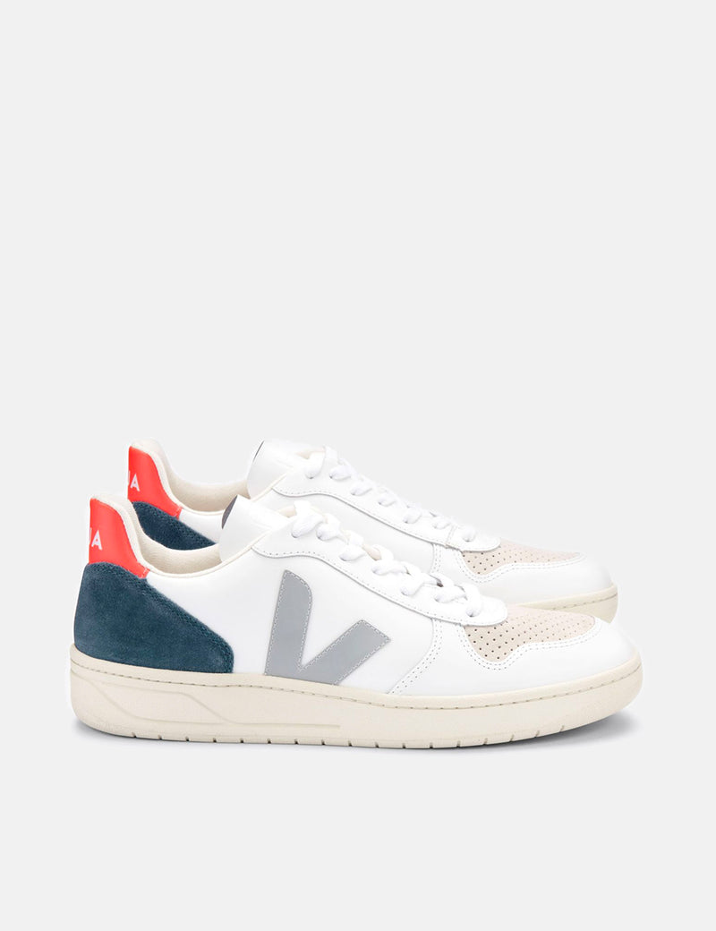 Womens Veja V-10 Leather Trainers - White/Oxford Grey/Orange Fluo