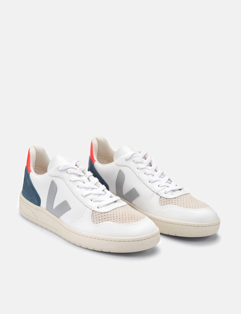 Womens Veja V-10 Leather Trainers - White/Oxford Grey/Orange Fluo