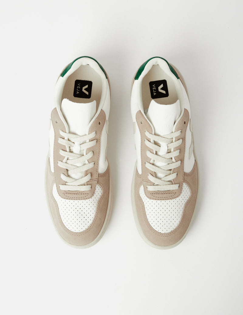 Veja V-10 Leather Trainers (Chrome Free) - White/Sahara/Emerald