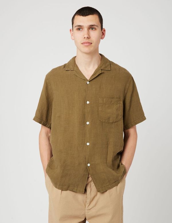 Portuguese Flannel Camp Collar Shirt (Linen) - Olive Green